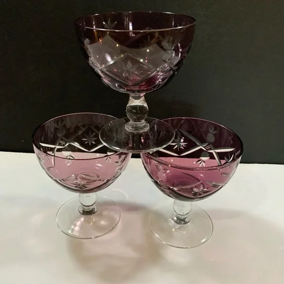 Sherbets Amethyst Purple Cut to Clear Set Lot 3 Glass Vintage - Picture 3 of 5
